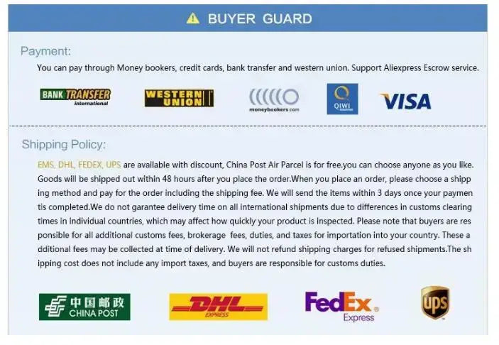 Der Bildschirm mit der Zahlungs- und Versandrichtlinie zeigt verschiedene Logos für internationale Zahlungsmethoden, einschließlich Visa Western Union Moneybookers Qiwi und Banküberweisung für das Herren-Polyester-Crewneck-atmungsaktive Sommer-T-Shirt.