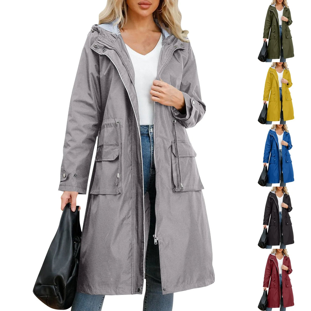 Women's Solid Colored Hooded Long Sleeved Trench Coat With Striped And Straight Tube Jacket Elegant British Style Windbreake