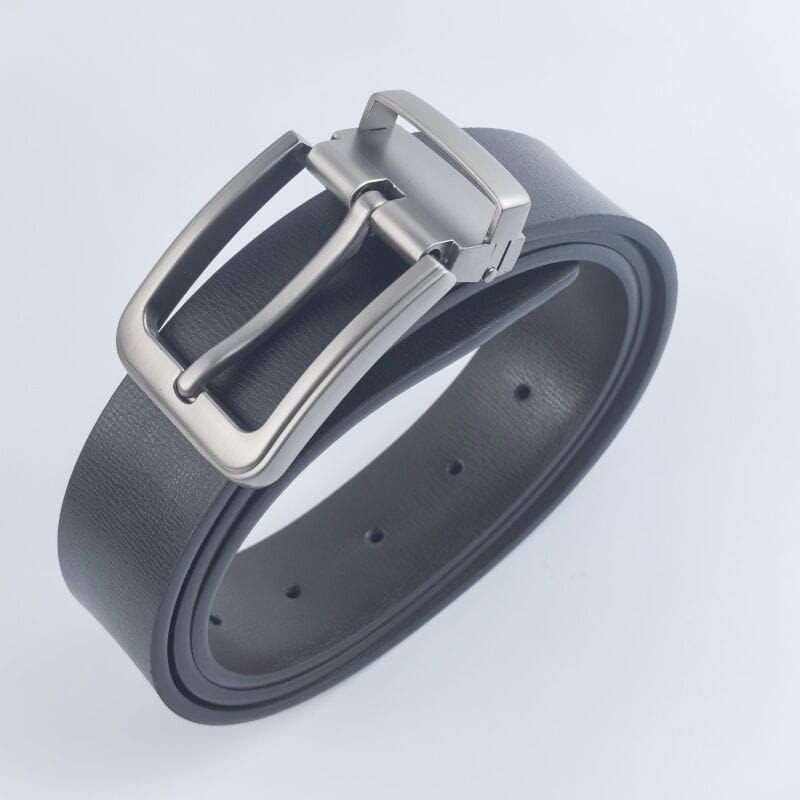 Black leather belt with a classic silver-toned metal pin buckle suitable for business casual wear.