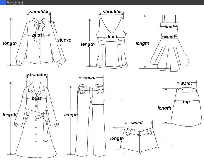 a technical diagram illustrating garment measurements for six clothing items including long-sleeved shirts sleeveless tops dresses pants and shorts related to a women winter parka fur hooded padded coat in mint green