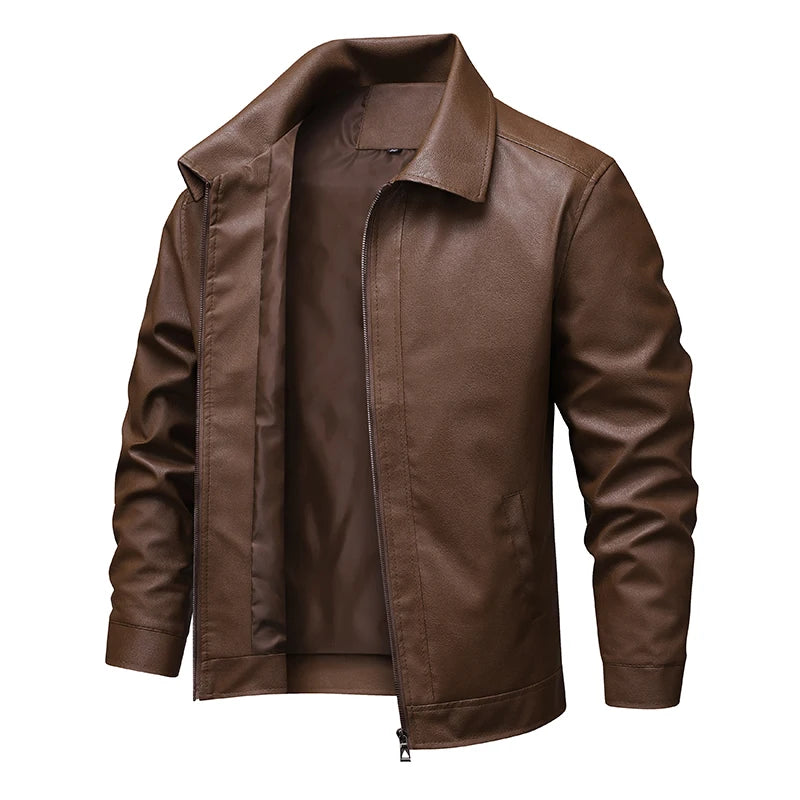 Herren braune Faux-Leder-Bikerjacke mit klassischem Kragen und Reißverschluss.