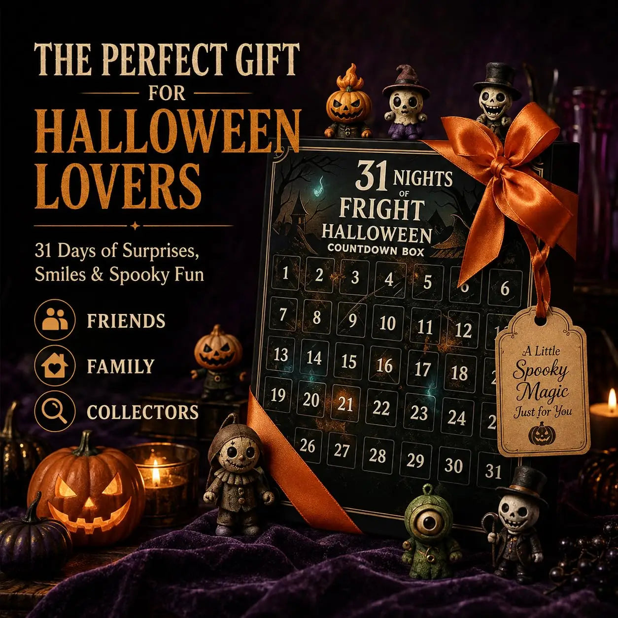 Halloween advent calendar featuring a black countdown box with 31 numbered doors, decorated with an orange ribbon and containing mini spooky figurines.