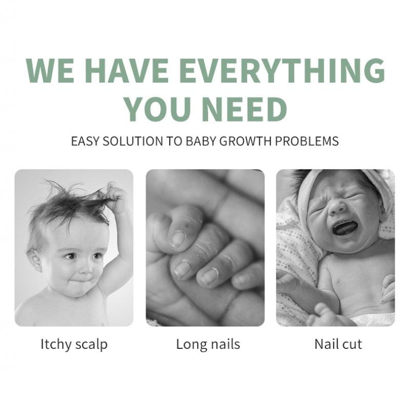 Diese schwarz-weiße Werbegrafik für ein Baby-Pflegeset und Gesundheitsset zeigt drei Abbildungen gängiger Säuglingsprobleme, darunter juckende Kopfhaut, lange Nägel und Nagelabdruck.