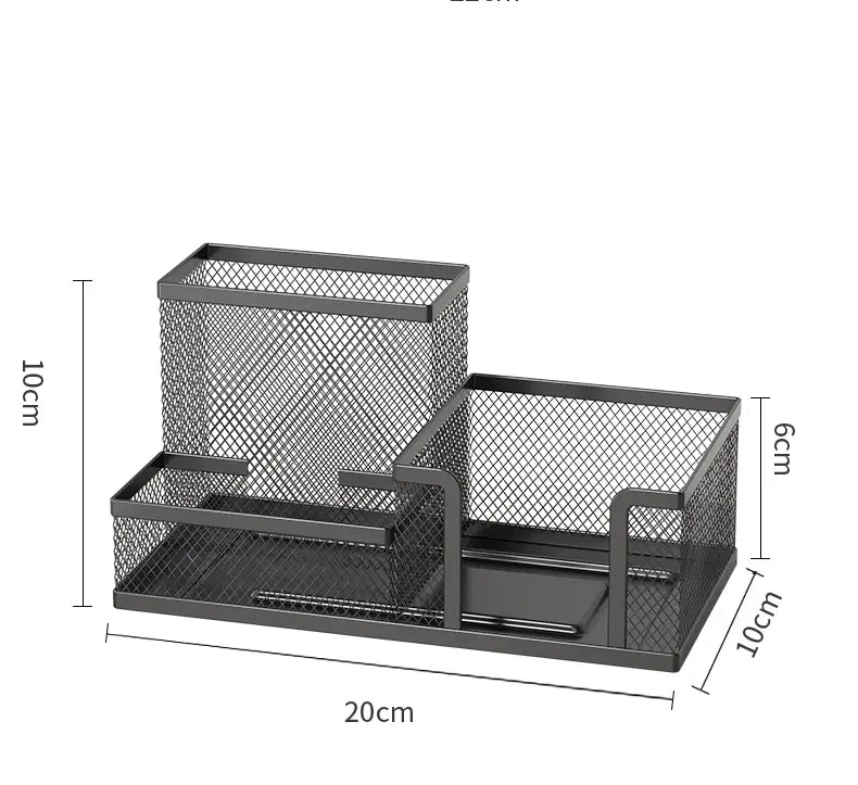 Black metal mesh desk organizer with three compartments and a flat base for pencil caddy and office supplies.
