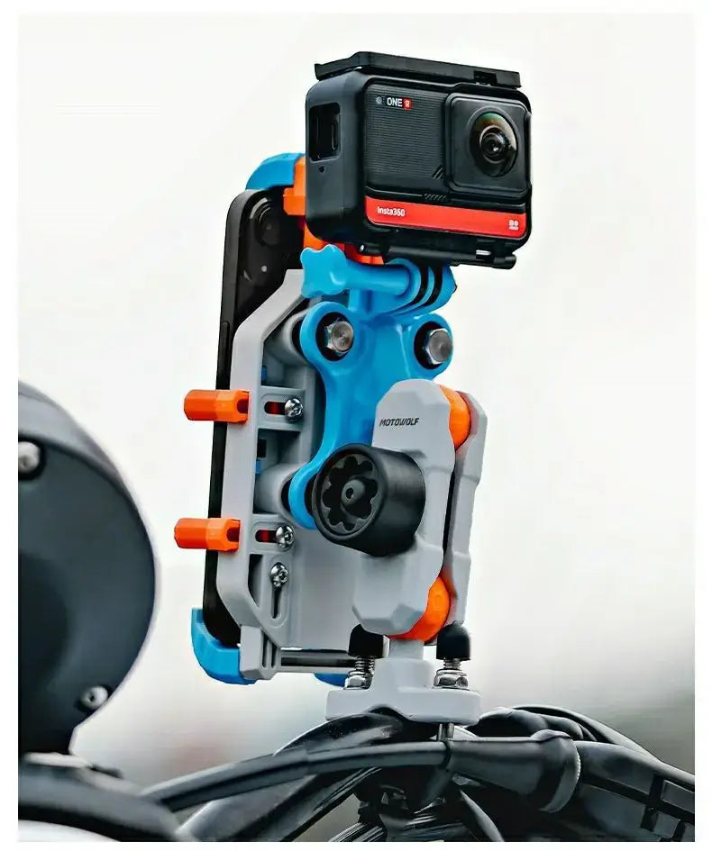 black and red GoPro Hero10 action camera mounted on a blue gray and orange Motus36 mount in a motorcycle wireless charging phone mount setup.