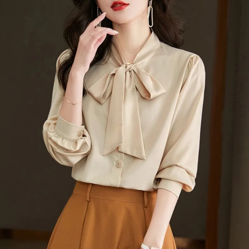 Women Elegant Satin Blouse Bow Tie Neck Puff Long Sleeve Formal Office Work Shirt For Spring Autumn