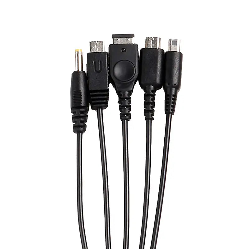 Black 5 in 1 multi console USB charging cable featuring multiple connectors including DC power plug micro-USB and mini-USB for versatile device compatibility.