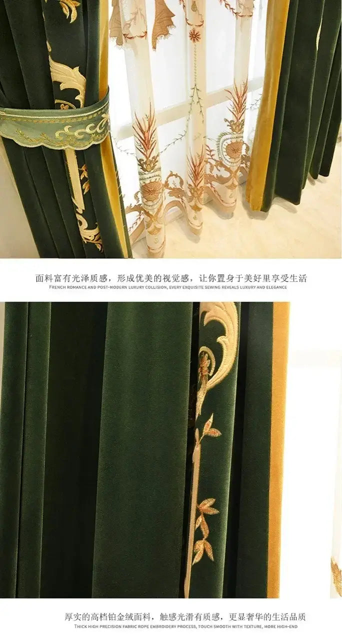 french green velvet embroidered curtains featuring dark green velvet fabric with intricate gold floral and vine embroidery and a matching valance accented by tassel tieback beads.