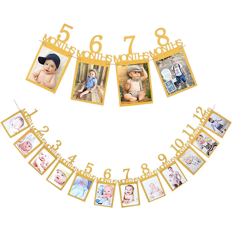 Birthday Baby One Year 12 Months Photo Banner Baby Boy Girl 1 Year Birthday Party Decor Photo Garlands Baby First Birthday Party