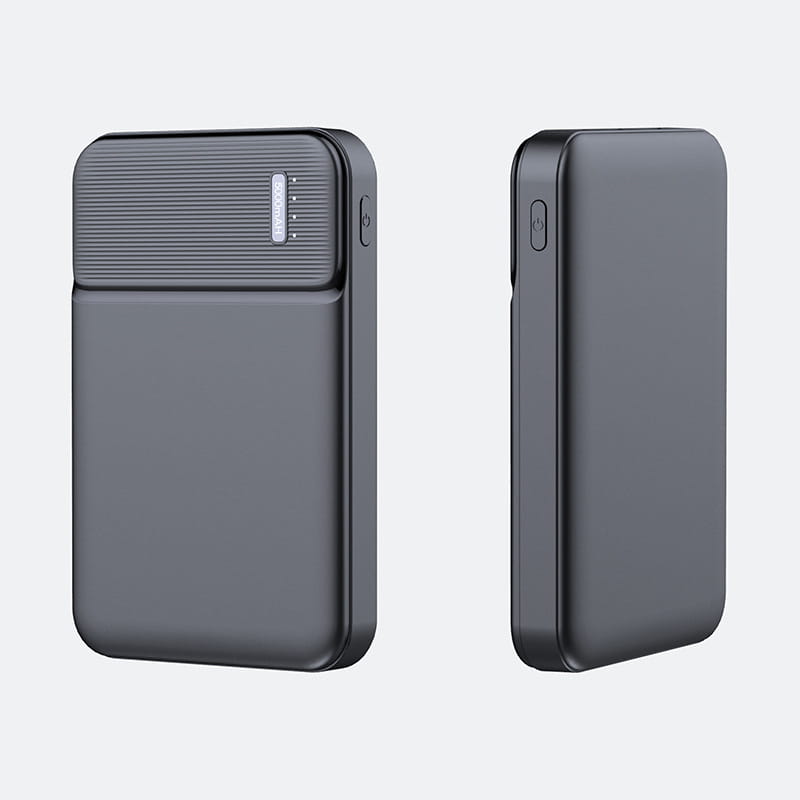 Black rectangular 5000mAh portable power bank mini charger with a textured top panel and a sleek minimalist design.