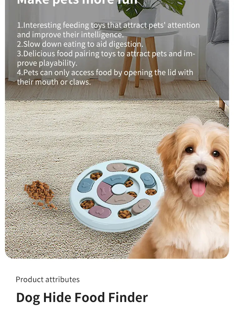 Light blue circular interactive dog puzzle slow feeder toy with multiple compartments holding kibble, featuring a central rotating mechanism and paw-shaped openings.