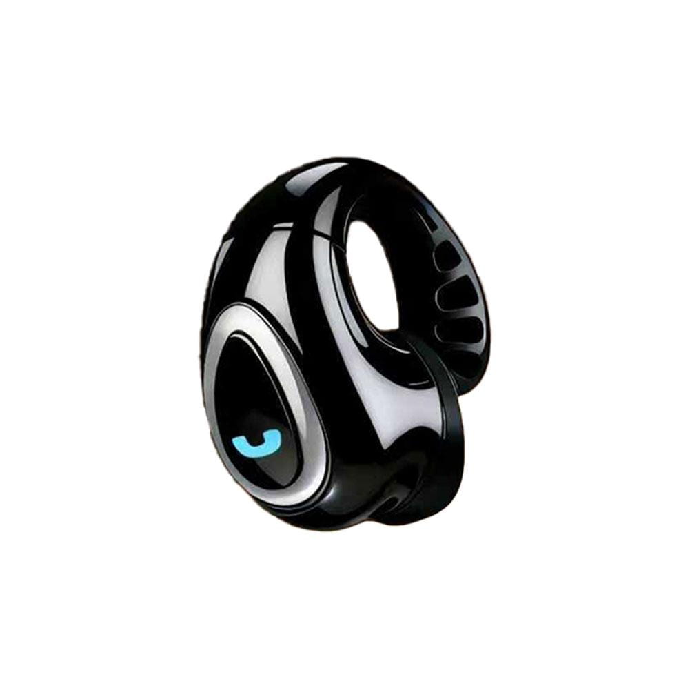 open ear clip on wireless bluetooth earbud in black with a sleek glossy finish and glowing blue call icon on the front.