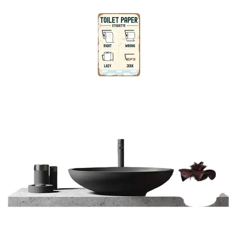 Front view of a vintage bathroom metal sign with beige background and black toilet paper etiquette text and illustrations