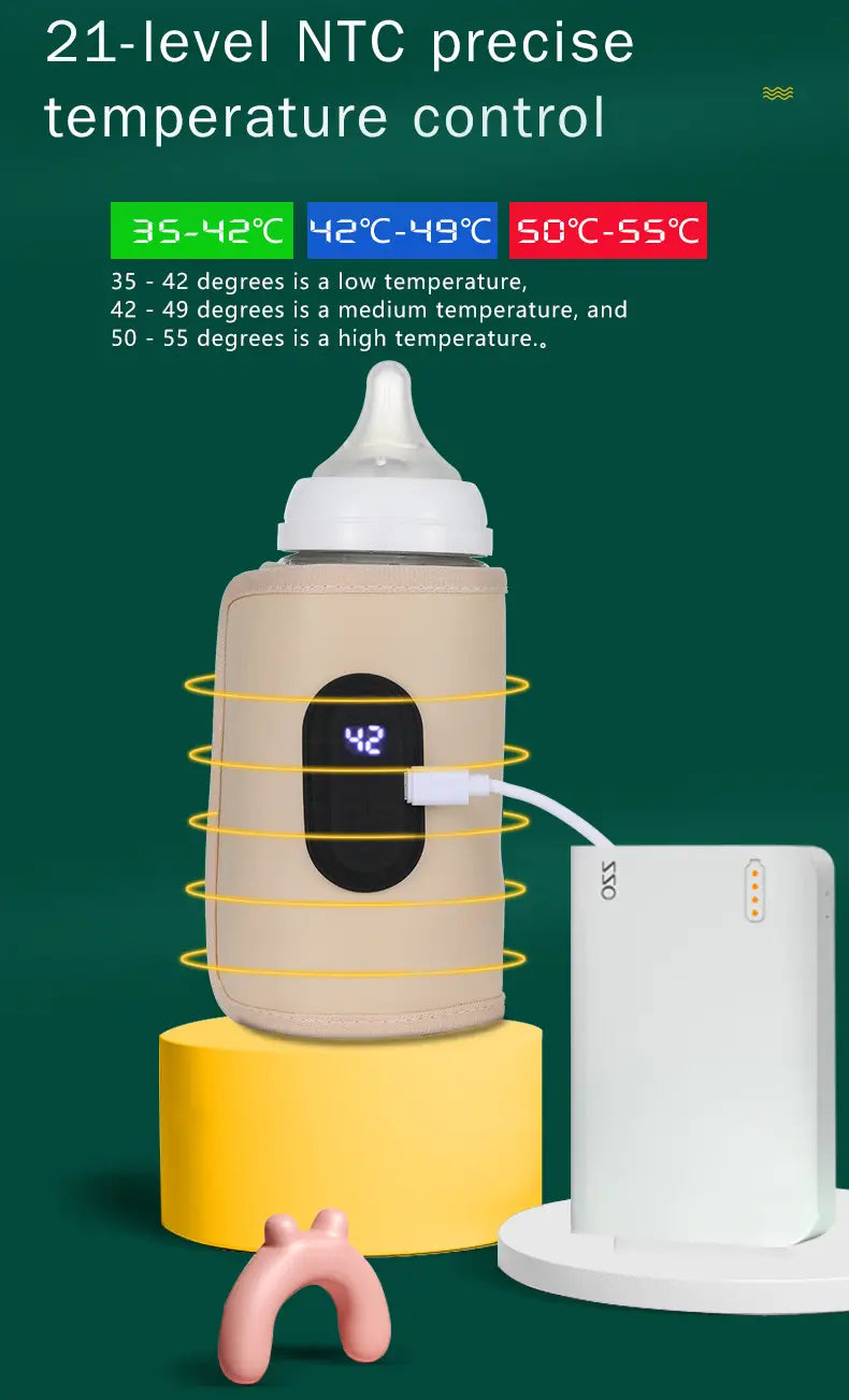 Beige tragbarer USB-Babyflaschenwärmer mit digitaler Temperaturanzeige, die 42 Grad anzeigt, um eine weiße Babyflasche herum gewickelt und mit einer weißen Powerbank verbunden.