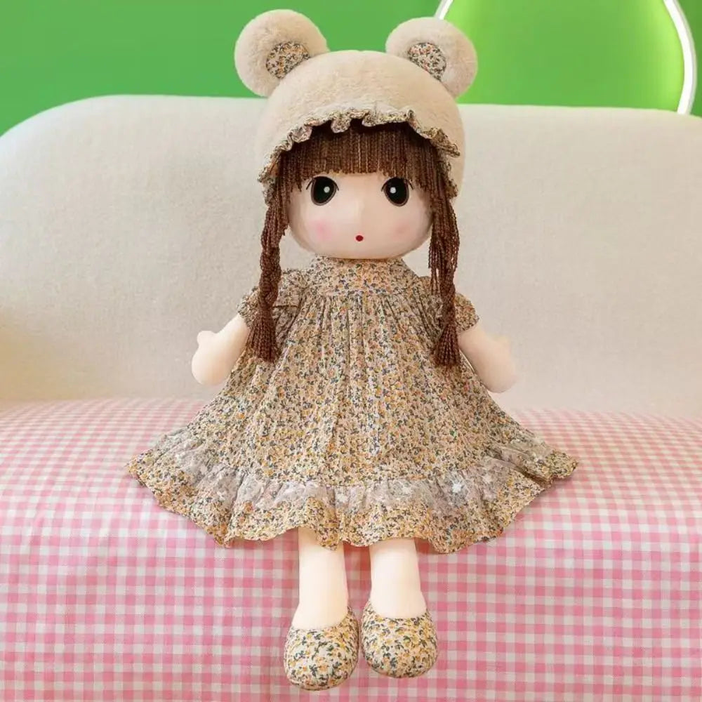 Plush doll 45cm cute stuffed animal toy featuring a beige bear-ear hat, brown braided hair, and a floral-patterned dress with matching shoes.