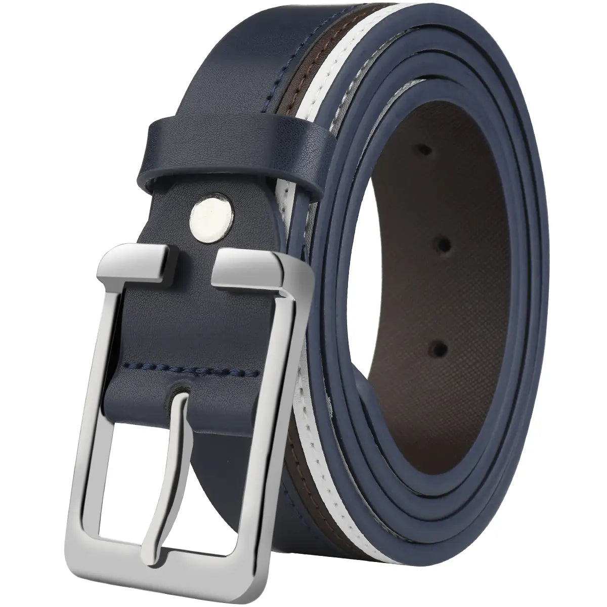 Navy blue leather men leather belt with white and brown braided contrast stripe stitching and silver toned buckle.