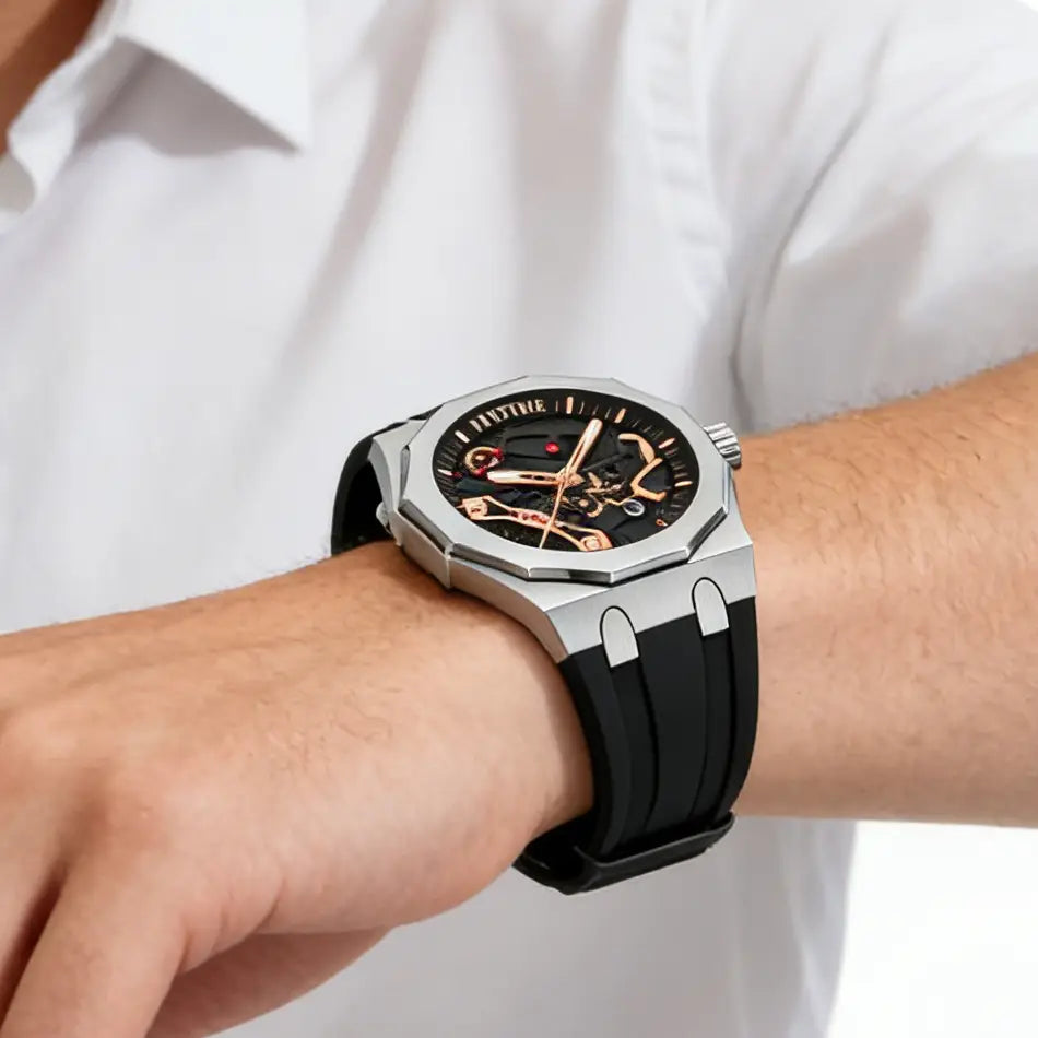 Pintime men luxury skeleton quartz watch featuring a sleek silver-toned case with a black dial and rose gold accents on the hands and gears.