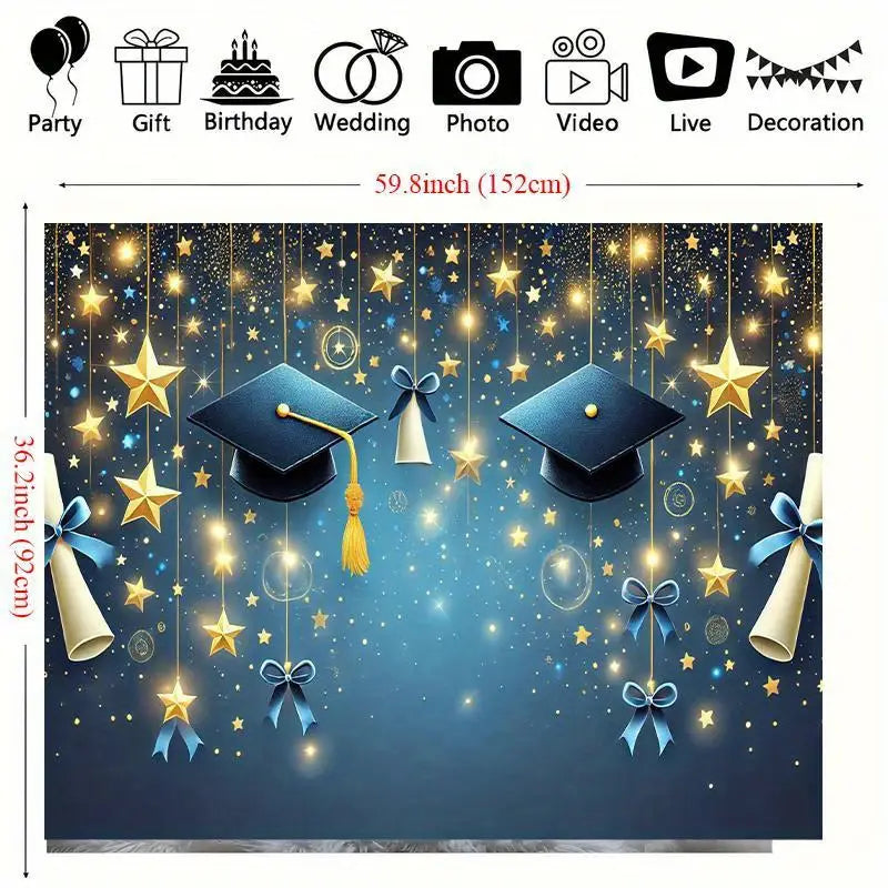 blue graduation party backdrop featuring two black caps with gold tassels, hanging diplomas tied with blue ribbons, and golden stars against a dark blue starry background with sparkling stars diploma design