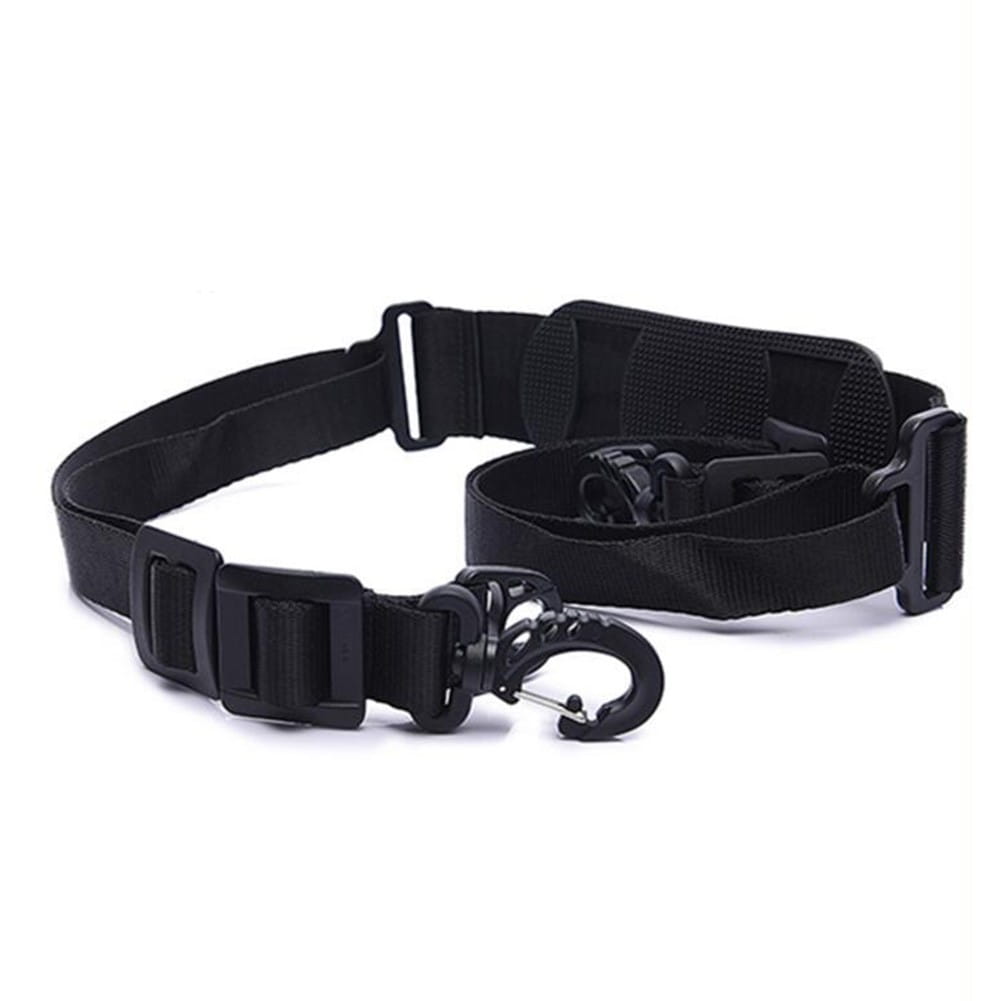 Black adjustable electric scooter carrying strap made of durable nylon webbing with plastic buckles for shoulder use
