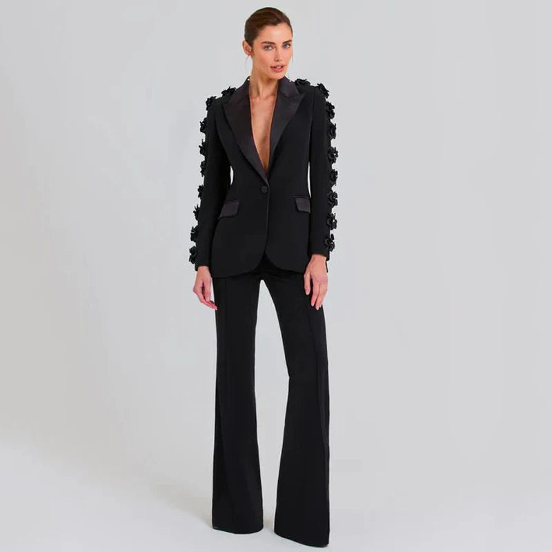 New Autumn Formal Suit Set Female Clothes ,Slim Fit Floral 3D Flower Collar , Womens Sets Two Piece Pants Suit