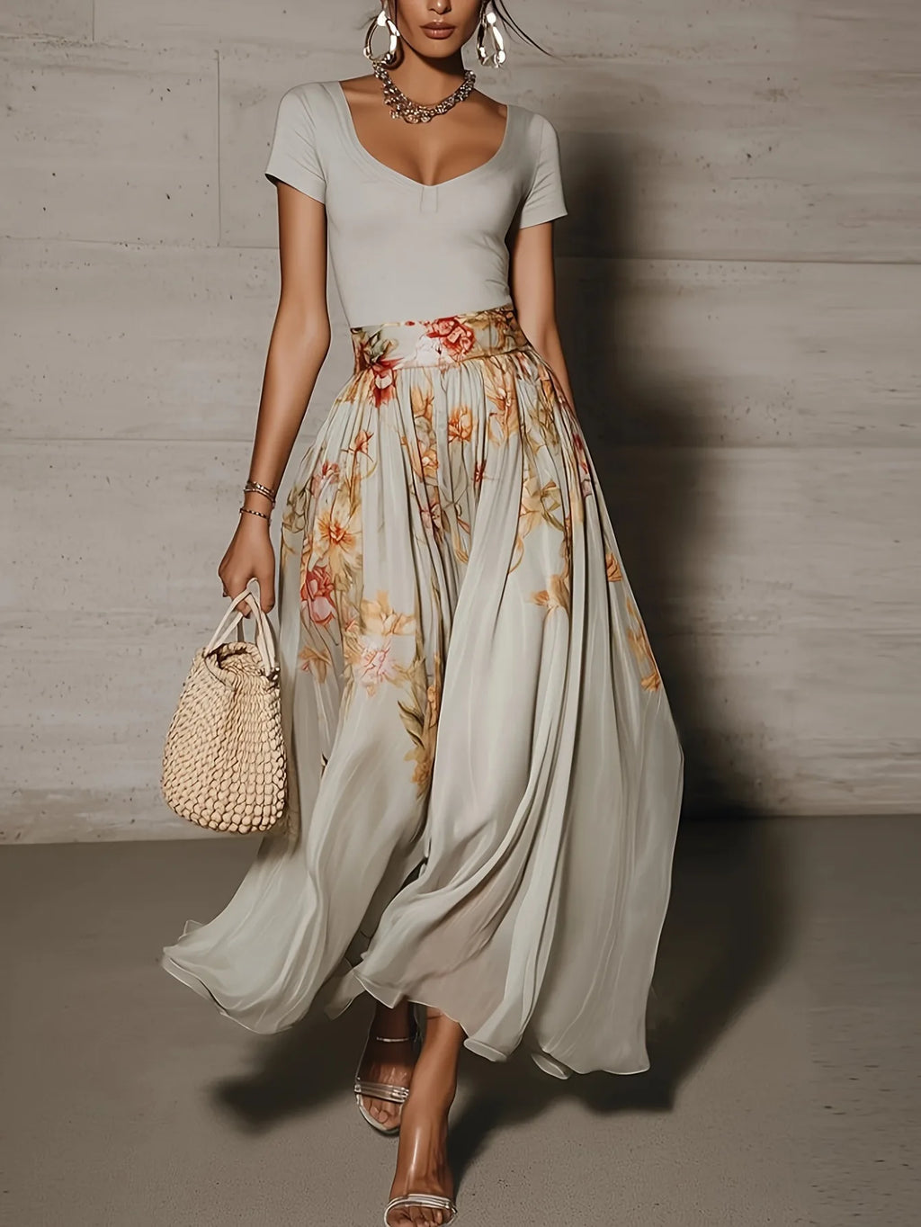 Chic Women Maxi Dress 2 Pieces Sets Solid Slim Fit V Neck Short Sleeved Top with Flower Printed High Waisted Chiffon Long Skirts