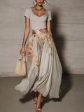 Chic Women Maxi Dress 2 Pieces Sets Solid Slim Fit V Neck Short Sleeved Top with Flower Printed High Waisted Chiffon Long Skirts
