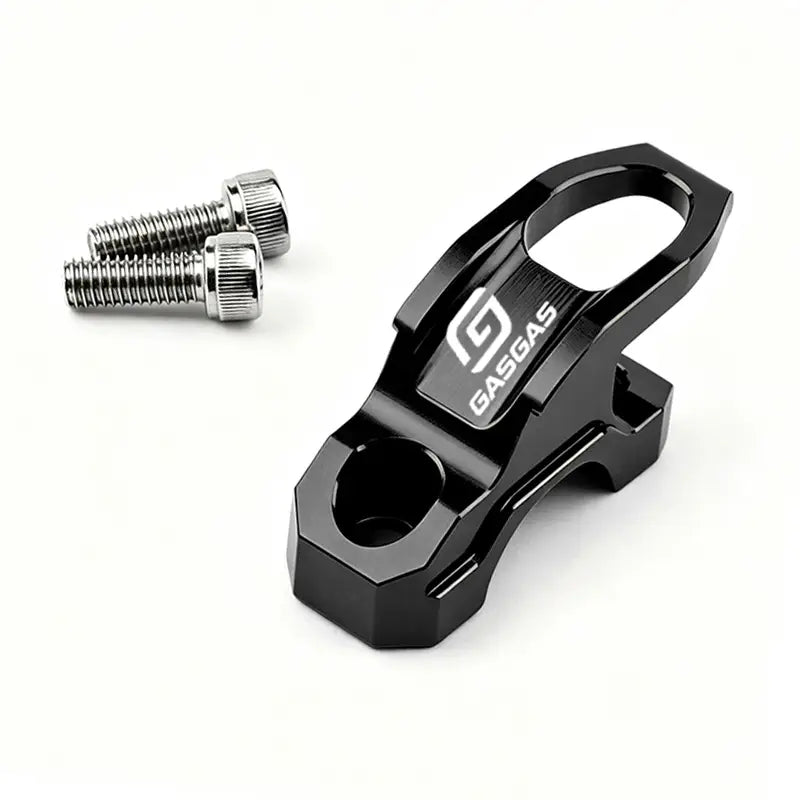 Ein universeller CNC-Haken für Gasgas-Lenker-Helmhalter aus schwarzem eloxiertem Aluminium mit silbernen Schrauben, von der Rückseite abgebildet.