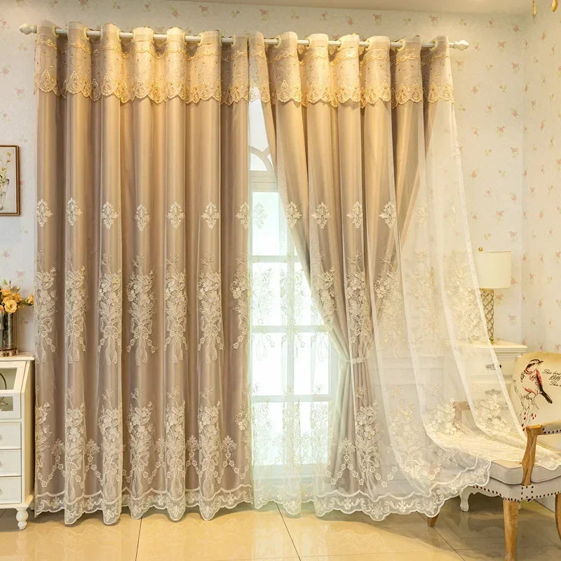 European Luxury Curtains for Living Room Bedroom  Embossed Embroidered Double-layer Blackout Cloth Gauze Integrated Custom Tulle