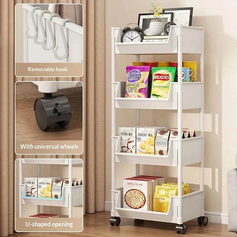 5-Tier Storage Rack - Kids Toy Organizer, Kitchen Snack Rack, Movable Shelf with Side Hooks for Home Organization & Storage