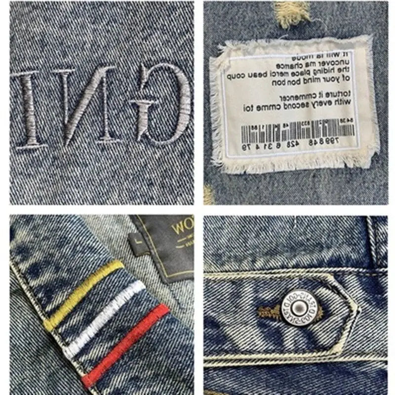 Men embroidered tiger denim jacket featuring blue denim jeans with embroidered g logo colorful striped cuff detail and branded metal button.