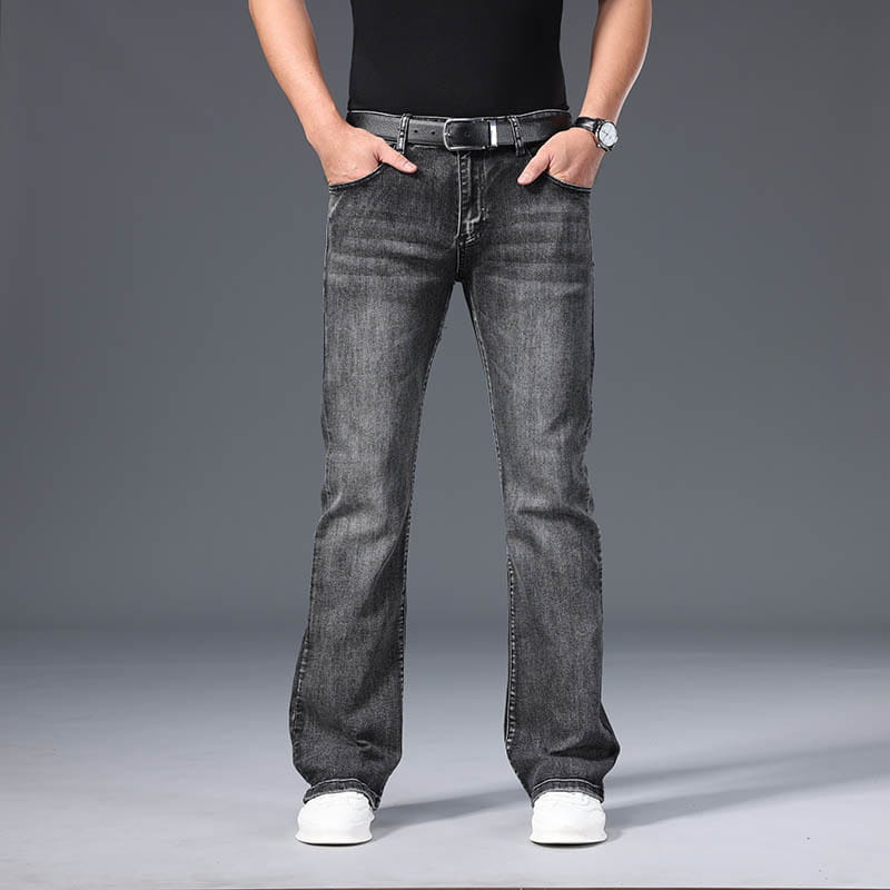 Mens micro flared denim jeans in dark gray with a straight-leg cut and subtle fading made from denim fabric for casual wear.