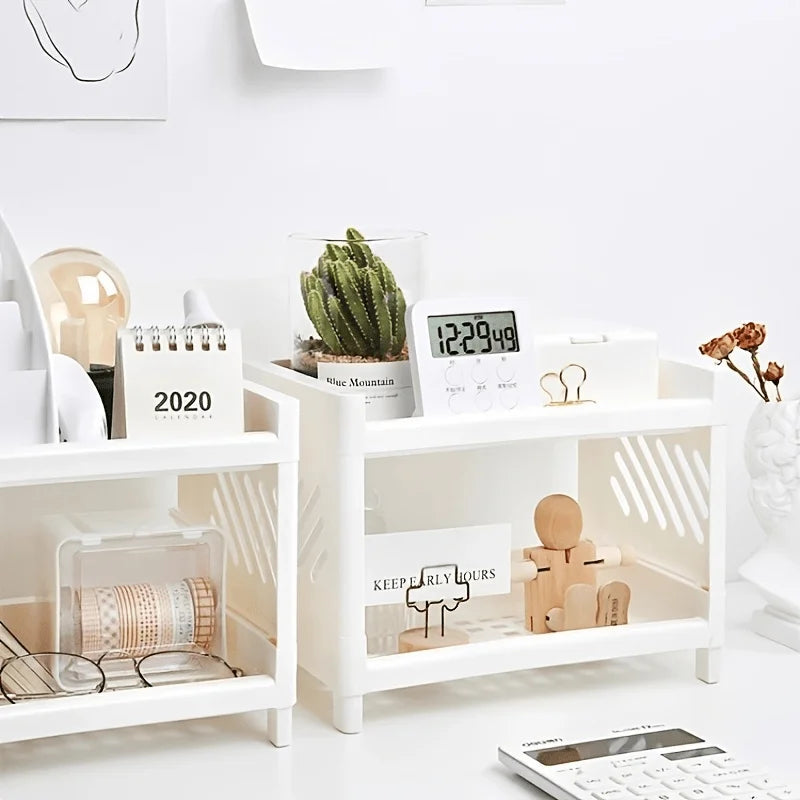 Office Desk Organizer, Double Layer Desktop Storage Rack for Stationery Supplies, Multifunctional Space Saving PP Material