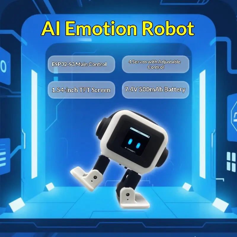 Ai smart companion robot toy white and black with a 1.54-inch tft screen displaying glowing blue eyes and adjustable servos for movement.