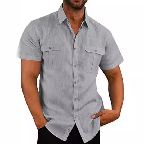 Light gray linen short sleeve button-up shirt for men featuring two chest pockets designed for casual summer wear.