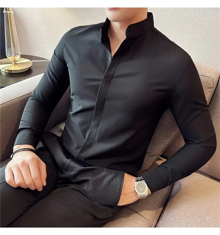 Black slim-fit long-sleeved dress shirt with stand collar and subtle vertical seam detailing designed for men ensuring a correct size for formal occasions.