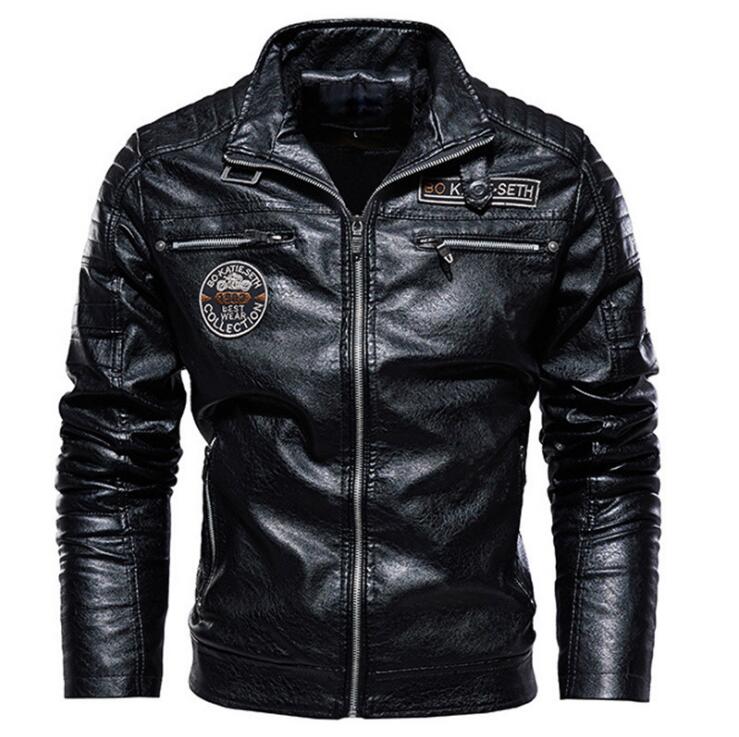 Men faux leather motorcycle winter bomber jacket in black with quilted shoulders, front zipper closure, and embroidered patches on the chest and collar.