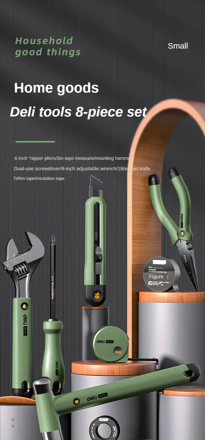green-handled deli multitool hand repair tool kit 8-piece set featuring a wrench screwdriver utility knife and other precision instruments for versatile maintenance tasks