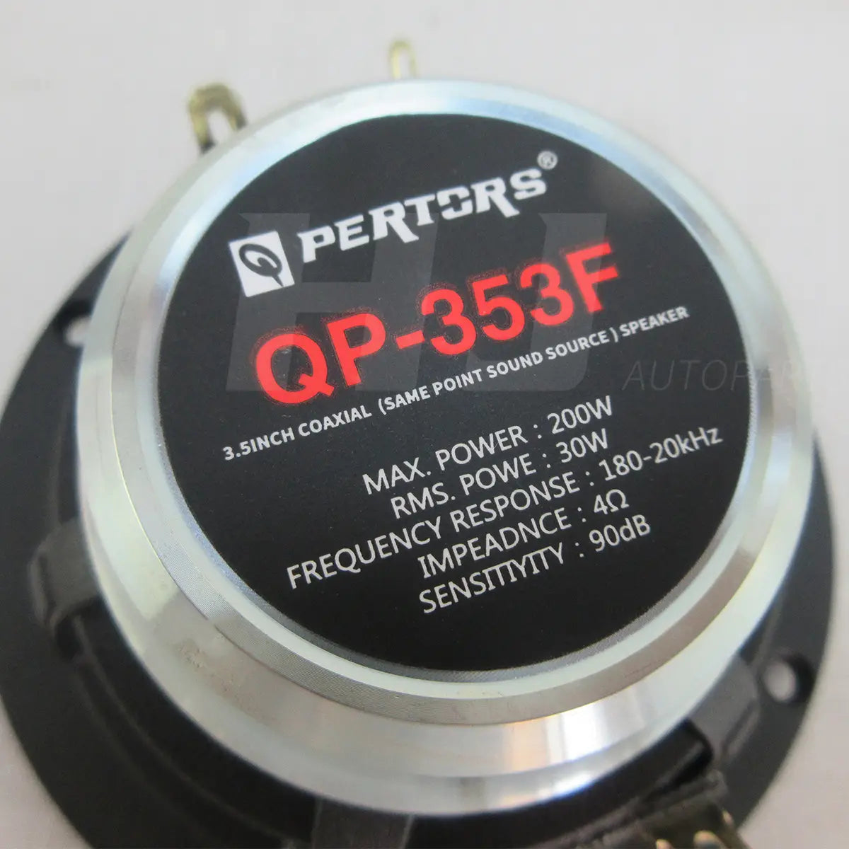 Pertcors qp-353f 3.5 inch black and silver coaxial car speaker with red model lettering designed for 200w audio performance.