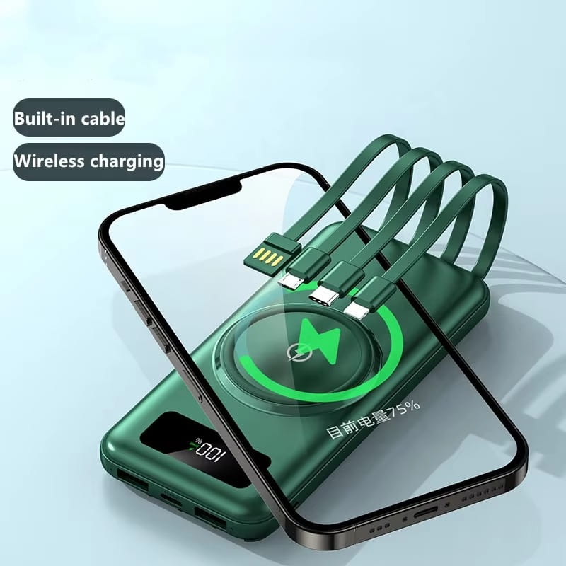 green quick charge power bank with built-in micro usb cables and li-polymer battery featuring wireless charging capability