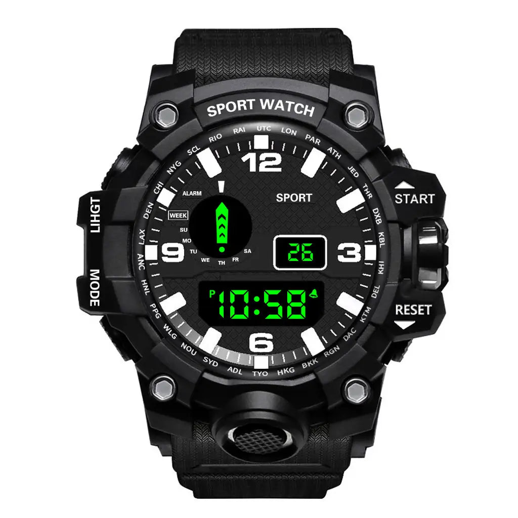 Wasserdichte digitale Sportuhr für Herren mit schwarzem robustem, texturiertem Gummiband und kräftiger grüner digitaler Anzeige, die Uhrzeit und Datum zeigt.