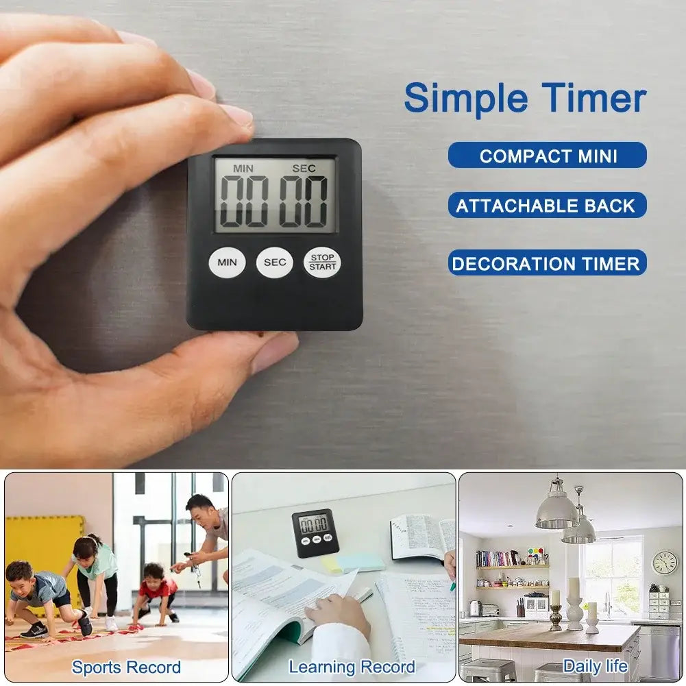 black compact digital kitchen timer with minimalist design featuring three circular buttons labeled min sec and stop start and magnetic back for convenient stopwatch use