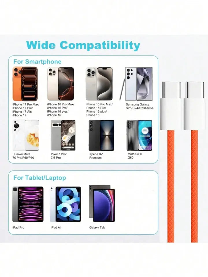 orange nylon braided usb-c fast charging cable designed for 6a current capacity