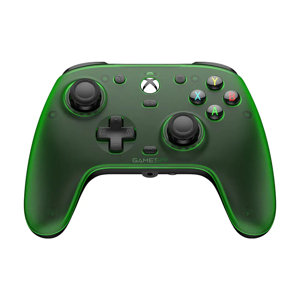 Green translucent Gamesir G7 magnetic faceplate gaming controller with black textured analog sticks and colorful illuminated buttons showing the front side.