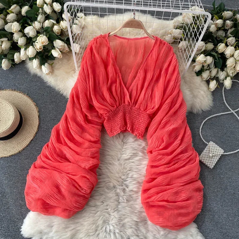 Fashion Blouse for Women V-neck Lantern Sleeve Shirts Blusas Mujer De Moda Korean Chic Elegant Pleated Solid Tops