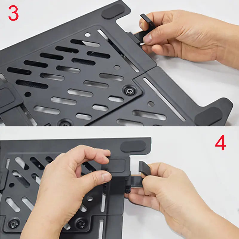 Schwarzer Metall-D-Mount-Laptop-Tischhalterung, Ständer, mit perforiertem Design und verstellbaren Klemmen für 10 bis 17 Zoll-Laptops