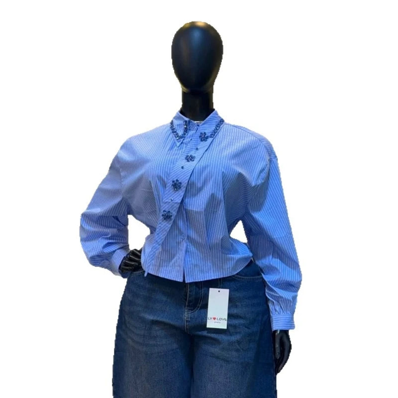 Women Blouses Shirt Vintage Turn Down Collar Full Sleeve Tops Striped Y2k Streetwear Elegant Splice Shirts Casual Summer 2026