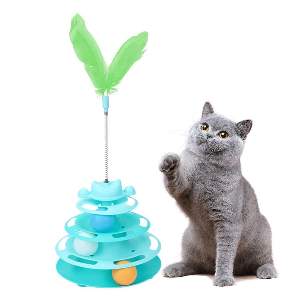 Teal plastic 4-level interactive cat toy tower with green feather and colorful roller balls for pet entertainment.