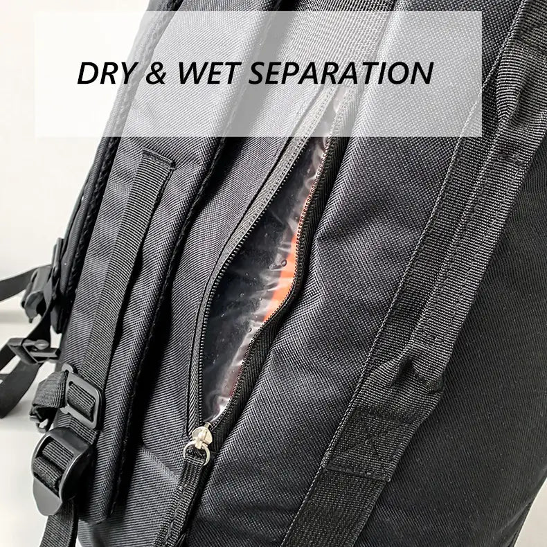 Black waterproof gym backpack and travel duffel bag with a zippered compartment designed for dry and wet separation.