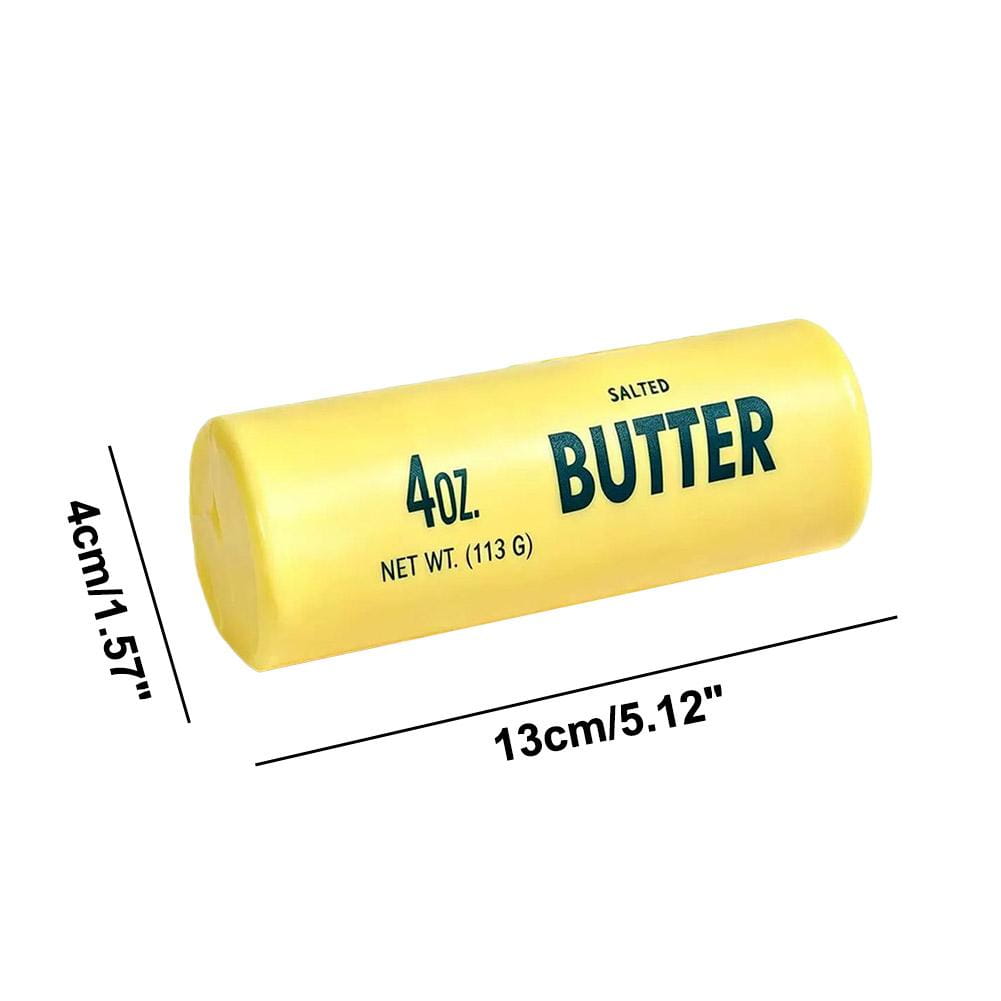 A yellow cylindrical butter stick slow rising squeeze toy labeled 4oz salted butter in a product packaging.