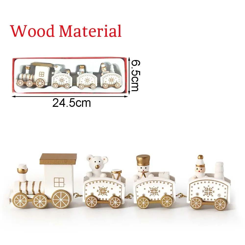 Décoration de table de vacances en train de Noël en bois blanc et or, avec des motifs de flocons de neige et des passagers miniatures ours et bonhomme de neige.